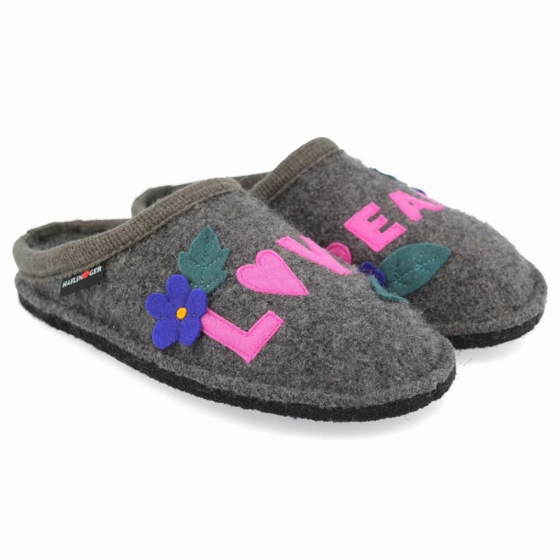 Kapcie Novelty Damskie Haflinger Love & Peace Szare | PWQ462YV